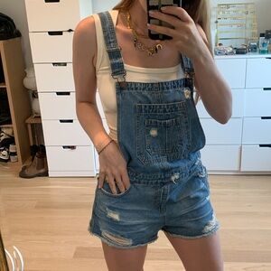 Scout XS denim shorts overalls jean distressed and ripped with raw hem